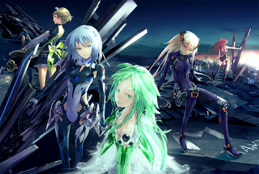 10s 5girls bare_shoulders beatless blonde_hair blue_eyes blue_hair bodysuit brown_hair cityscape cloud eyebrows green_eyes green_hair huge_weapon kouka_(beatless) lacia leicia long_hair looking_at_viewer mariage md5_mismatch methode_(beatless) multiple_girls red_hair redjuice resolution_mismatch revision saturnus short_hair sky smile snowdrop_(beatless) source_smaller sunset sword weapon