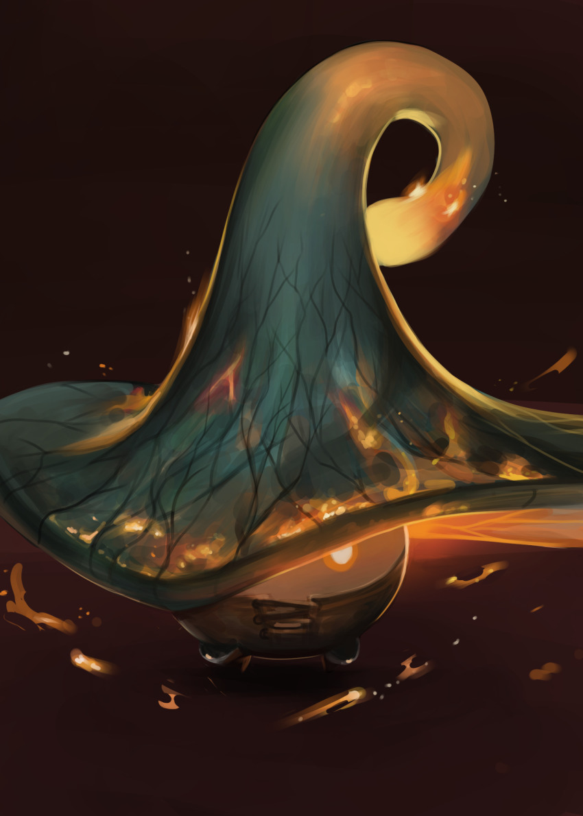 abyss_watcher blue_hat brown_background commentary_request dark_souls_(series) dark_souls_iii dokomon embers fire full_body fungi_(genshin_impact) fusion genshin_impact hat highres korean_commentary looking_at_viewer no_humans solo witch_hat