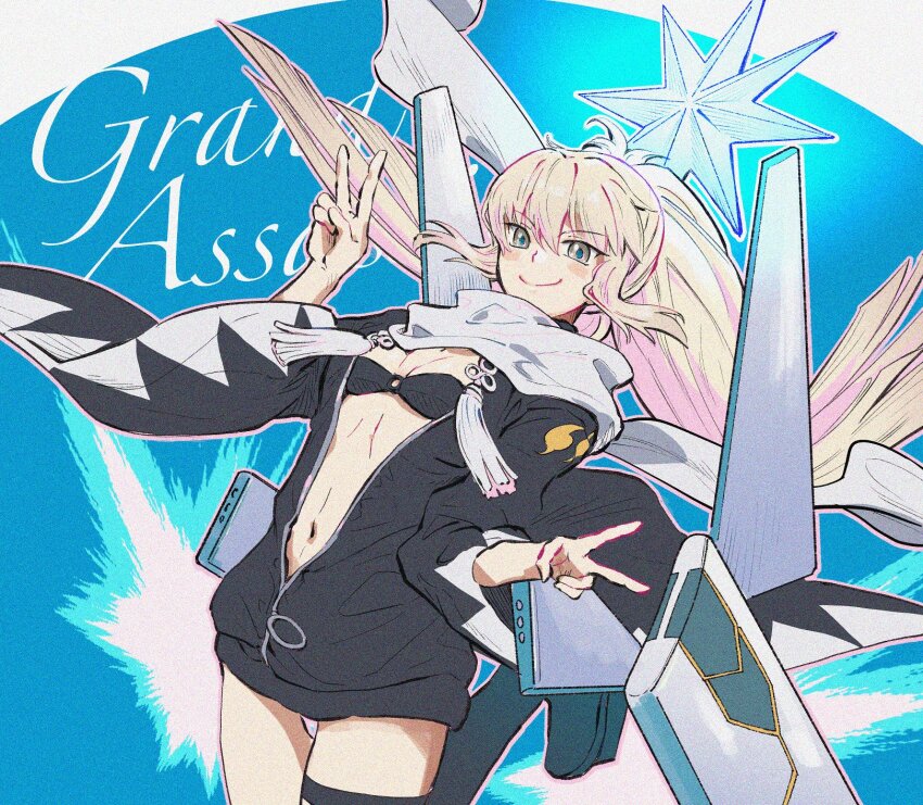 1girl bikini black_bikini blonde_hair blush_stickers closed_mouth commentary_request fate/grand_order fate_(series) floating_hair grand_servant_(fate/grand_order) green_eyes highres long_hair navel okita_j._souji_(fate) okita_j._souji_(second_ascension)_(fate) okita_souji_(fate) ponytail scarf serpant_nergar smile solo swimsuit v very_long_hair white_scarf