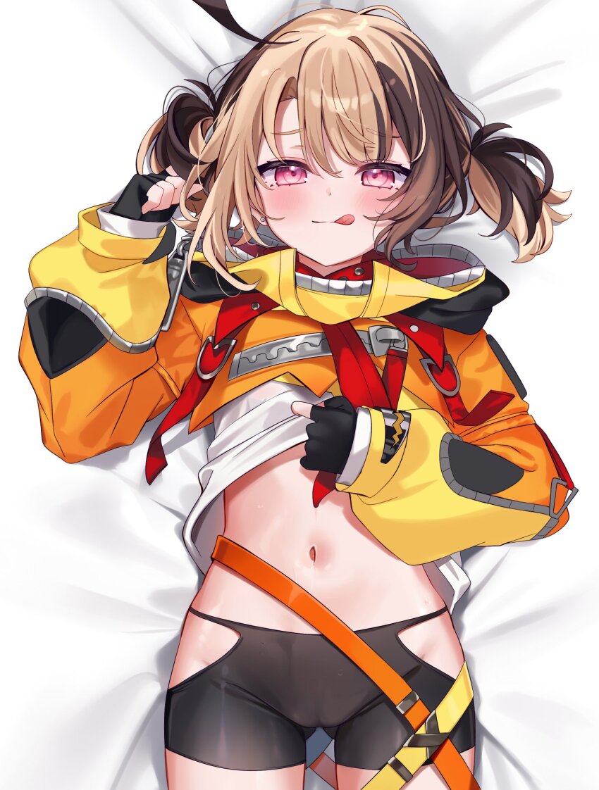 1girl ahoge belt brown_hair cameltoe chocola_vt fingerless_gloves gigi_murin gigi_murin_(1st_costume) gloves highres holojustice hololive hololive_english hooded_shrug huge_ahoge licking_lips lying midriff multicolored_hair multiple_belts on_back orange_hood orange_shrug red_eyes short_hair shrug_(clothing) solo tongue tongue_out two-tone_hair virtual_youtuber zipper