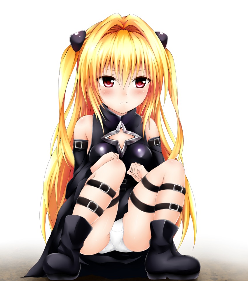 1girl black_boots black_dress blonde_hair boots detached_sleeves dress female_focus hair_intakes hair_ornament hairclip highres kaze_(kaze_kaza) konjiki_no_yami long_hair panties pantyshot red_eyes short_dress solo squatting thigh_strap to_love-ru two_side_up underwear upskirt very_long_hair white_panties