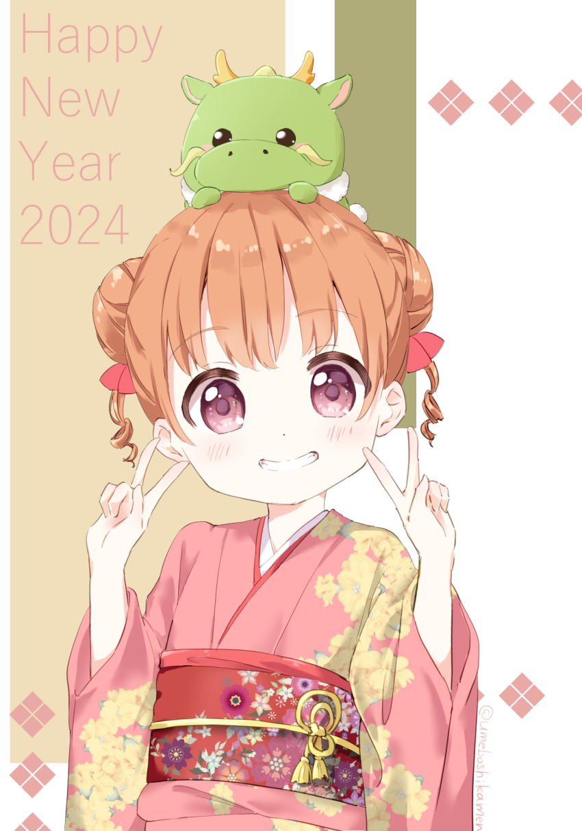 1girl blush brown_hair child chinese_zodiac commentary creature_on_head double_bun double_v dragon dragon_on_head floral_print floral_print_kimono grin hair_bun hair_ribbon hands_up happy_new_year highres japanese_clothes kimono long_sleeves looking_at_viewer mearian small_dragon new_year obi original pink_kimono print_kimono purple_eyes red_ribbon red_sash ribbon sash short_hair smile solo teeth twintails twitter_username upper_body v wide_sleeves year_of_the_dragon