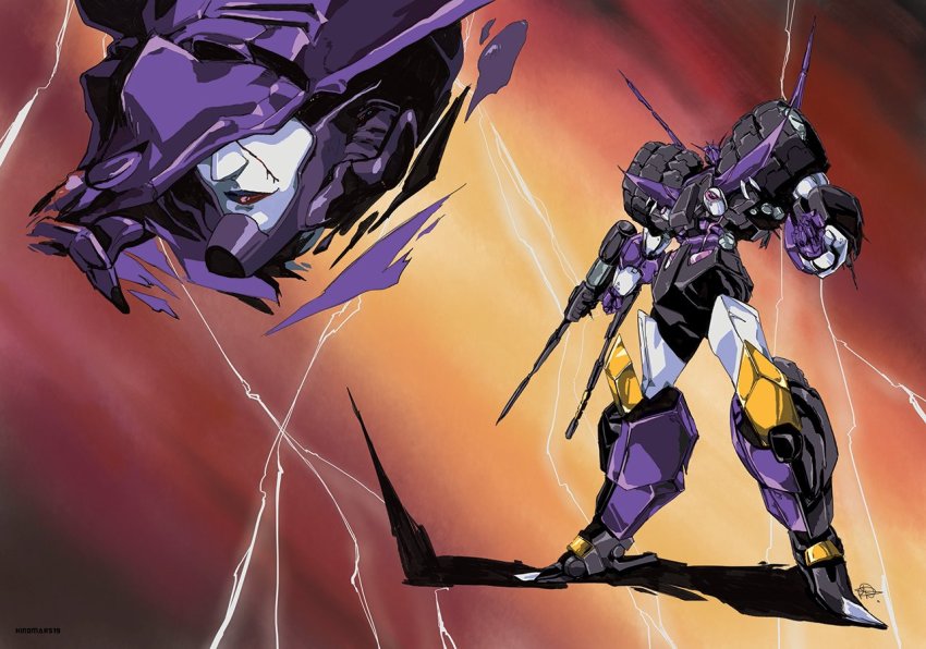 1980s_(style) arm_cannon caterpillar_tracks clenched_hands commentary decepticon english_commentary hinomars19 lightning looking_at_viewer mask mecha multiple_views no_humans oldschool purple_lips retro_artstyle robot smile tarn transformers weapon