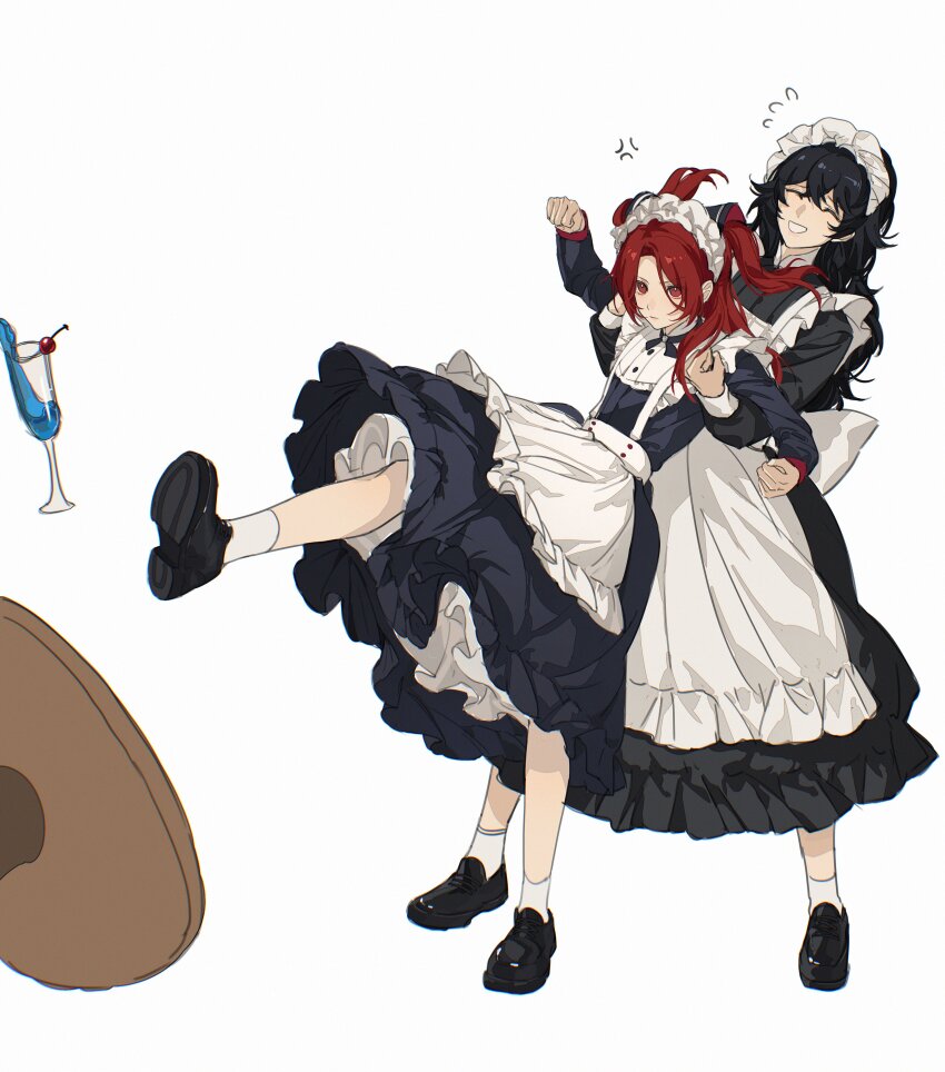 2boys absurdres alternate_costume amamiya_ren anger_vein apron black_dress black_hair black_shoes blue_dress champagne_flute clenched_hands closed_eyes closed_mouth commentary crossdressing crossdressing_(mtf) cup dress drinking_glass english_commentary enmaided flying_sweatdrops full_body grabbing_from_behind hairband highres iroin11 kamishiro_nagisa long_hair long_sleeves looking_ahead maid maid_apron maid_headdress male_focus multiple_boys persona persona_5 persona_5:_the_phantom_x red_eyes red_hair shoes simple_background socks standing standing_on_one_leg table trap two_side_up white_apron white_background white_hairband white_socks