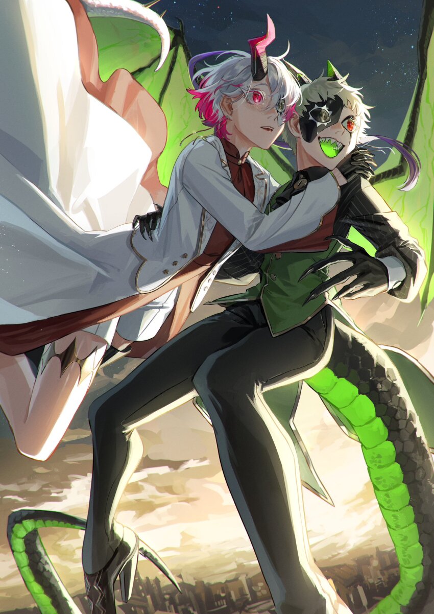 2girls black_shirt city coat colored_tips colored_tongue dragon_girl dragon_horns dragon_tail dragon_wings flying full_body green_tongue green_vest high_heels highres horns momomo_906 multicolored_hair multiple_girls original outdoors pink_eyes pink_hair red_eyes sharp_teeth shirt short_hair shorts single_horn slit_pupils star_(sky) sunrise tail teeth vest white_coat white_hair white_shorts wings
