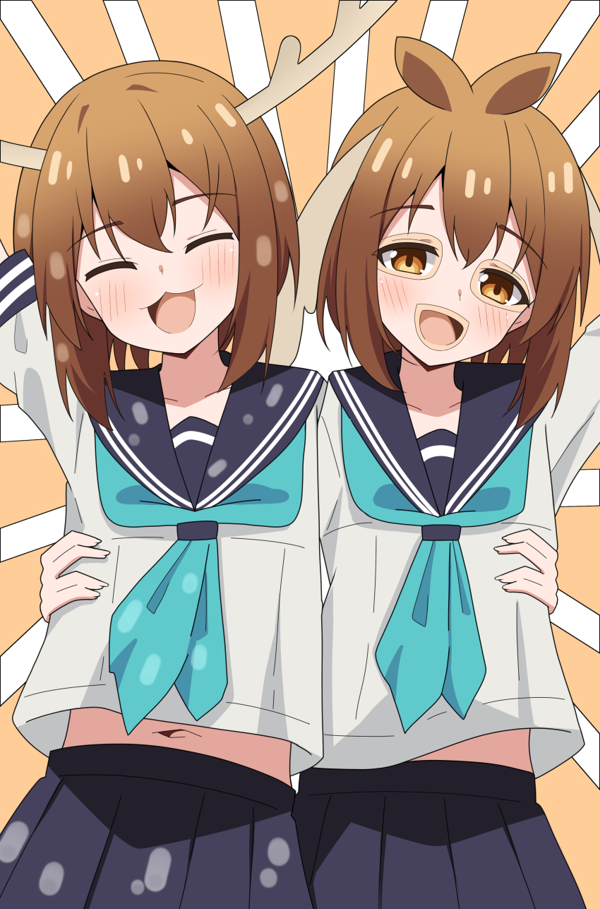 2girls :3 absurdres antlers bashame_meme blue_sailor_collar blue_skirt brown_hair cosplay deer deer_antlers deer_girl hand_on_another&#039;s_waist highres horns hosinonana long_sleeves midriff multiple_girls navel neckerchief open_mouth plant_hair sailor_collar school_uniform serafuku shikanoko_noko shikanoko_noko_(cosplay) shikanoko_nokonoko_koshitantan shirt short_hair side-by-side skin_suit skinsuit skirt smile white_shirt