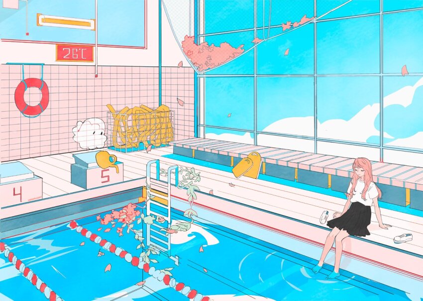 1girl bare_legs barefoot bench black_skirt blue_sky closed_eyes closed_mouth cloud commentary day english_commentary falling_petals full_body ghost hair_over_shoulder high-waist_skirt indoors kickboard ladder long_hair miniskirt original petals pink_hair plant pleated_skirt pool pool_noodle red_innertube ripples scenery shirt shoes short_sleeves skirt sky smile sneakers soaking_feet solo t-shirt telekinesis toes unworn_shoes vacuumchan vines watering_can white_shirt white_shoes white_sleeves wooden_floor