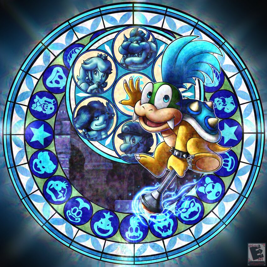1girl 4boys amyroser artist_logo blue_eyes blue_hair bowser bracelet crown dive_to_the_heart fangs food fruit hat highres jewelry kingdom_hearts larry_koopa logo looking_at_viewer ludwig_von_koopa mario mario_(series) multiple_boys nintendo open_mouth peach princess_peach spiked_bracelet spiked_shell spikes stained_glass super_mario_bros._3 super_smash_bros. wand watermark