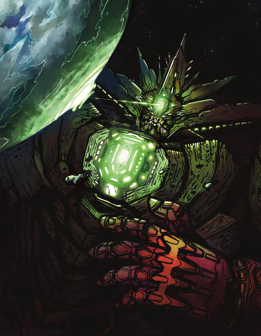 armor biomechanical core energy_beam forehead_beam getter_beam getter_emperor getter_rays getter_robo getter_robo_arc giant glowing glowing_eyes green_light highres horns laser mecha mecha_focus multiple_horns planet red_armor robot science_fiction solo space super_robot yamanushi