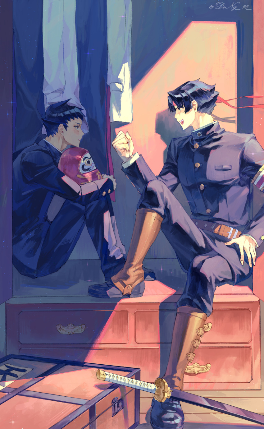 2boys absurdres ace_attorney belt black_eyes black_hair black_jacket black_pants boots brown_belt brown_boots chest_(furniture) chest_of_drawers chinese_commentary clenched_hand commentary_request daruma_doll dong_98 hand_on_own_hip hand_up headband highres indoors jacket katana kazuma_asogi male_focus multiple_boys pants red_headband ryunosuke_naruhodo short_hair sitting sparkle sword the_great_ace_attorney weapon