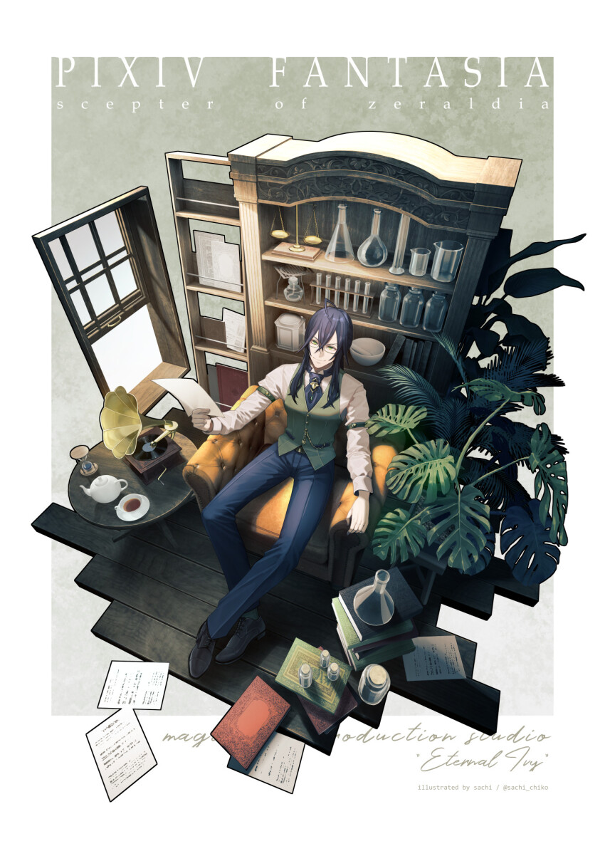 1boy ahoge alcohol_burner armchair balance_scale beaker black_hair black_shoes blue_hair blue_nails blue_necktie blue_pants book book_stack chair crossed_ankles cup dark_blue_hair erlenmeyer_flask flask full_body glasses green_eyes green_vest hair_between_eyes highres holding holding_paper hourglass jar long_hair looking_at_viewer male_focus measuring_cylinder mortar_(bowl) necktie original outside_border oxfords pale_skin pants paper phonograph pixiv_fantasia pixiv_fantasia_scepter_of_zeraldia plant round-bottom_flask sachi_(yumemayoi) shelf shirt shoes sitting sleeve_garter smile solo table tea teacup teapot test_tube test_tube_rack vest volumetric_flask weighing_scale white_shirt window wooden_floor