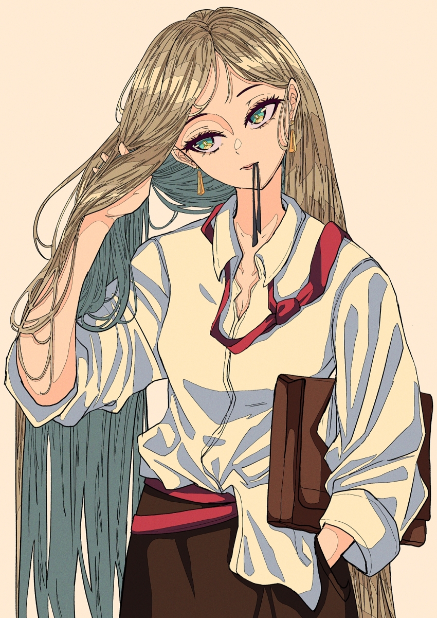 1girl aqua_eyes artdroiiid_ii belt breasts briefcase brown_hair brown_skirt cleavage closed_mouth collared_shirt commentary dress_shirt earrings english_commentary floating_earrings hair_tie_in_mouth hand_in_own_hair hand_in_pocket hand_up head_tilt highres holding holding_briefcase jewelry long_hair long_sleeves loose_necktie mouth_hold multicolored_eyes necktie original parted_bangs red_belt red_necktie shirt shirt_partially_tucked_in simple_background skirt solo straight-on straight_hair very_long_hair white_background white_shirt wide_sleeves yellow_eyes