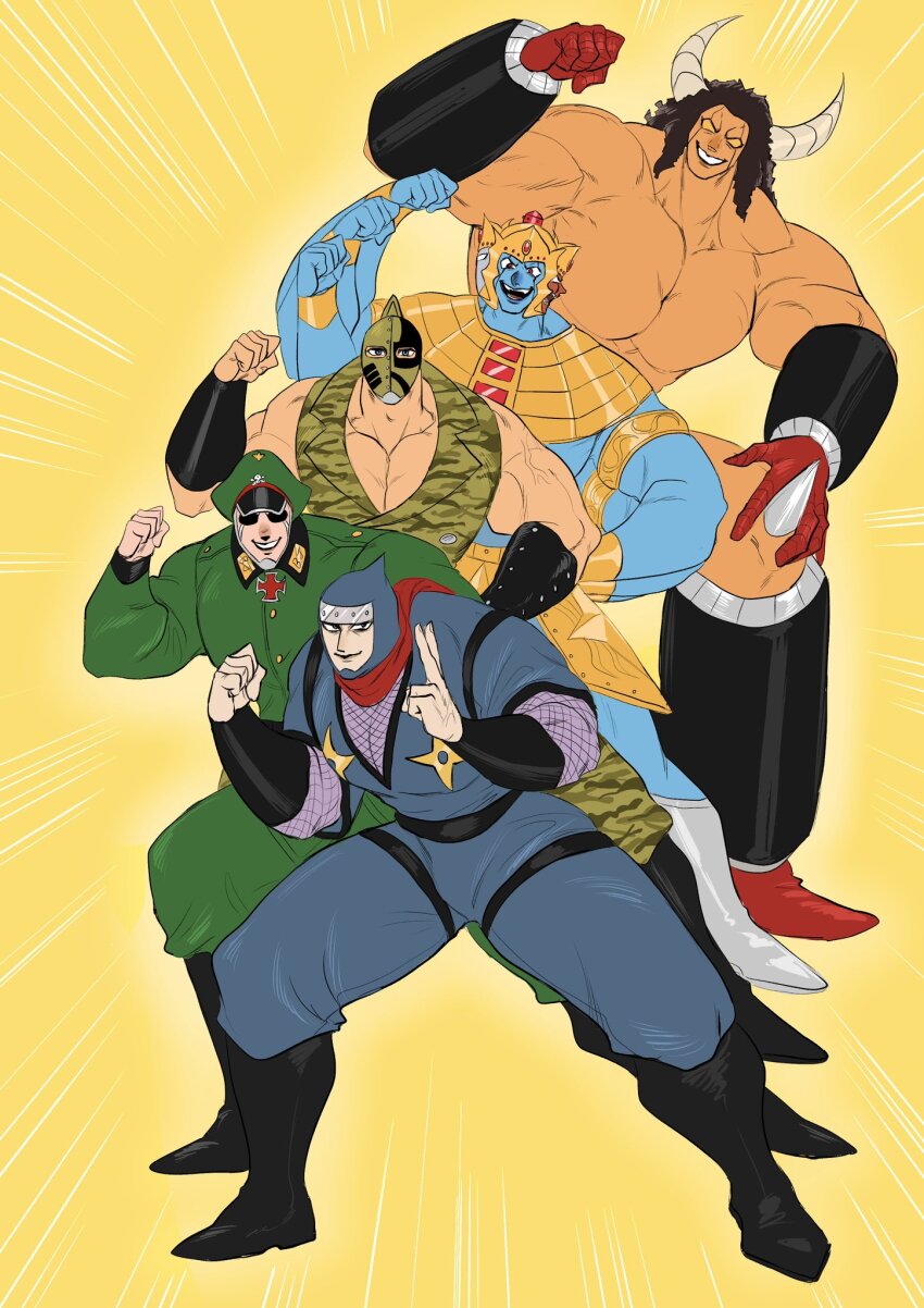 5boys abs armlet armor ashuraman biceps brocken_jr. buffaloman clenched_hand crossed_arms extra_arms groin hat helmet highres jewelry kinniku_ataru kinnikuman kinnikuman_soldier large_pectorals looking_at_viewer manly military_hat military_uniform monster_boy multiple_boys multiple_faces muscular ninja open_mouth pectorals shaded_face smile solo tag_team teamwork the_ninja_(kinnikuman) yellow_background