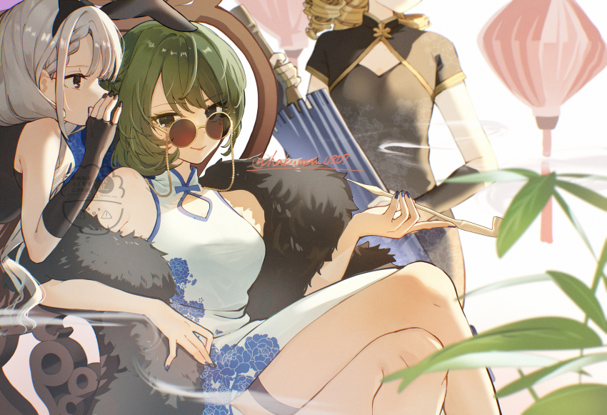 3girls absurdres animal_ears bare_shoulders black_dress black_fur black_gloves blue_eyes breasts brown_eyes brown_hair china_dress chinese_clothes coat crossed_legs dress drill_hair fake_animal_ears fingerless_gloves fur_coat gloves green_eyes green_hair grey_hair head_out_of_frame heterochromia highres hisakawa_nagi holding holding_umbrella idolmaster idolmaster_cinderella_girls lantern long_hair medium_breasts mole mole_under_eye morikubo_nono multiple_girls oil-paper_umbrella rabbit_ears round_eyewear shisui_(5830217) short_hair sitting smoking_pipe takagaki_kaede thigh_strap thighs twin_drills umbrella whispering white_dress
