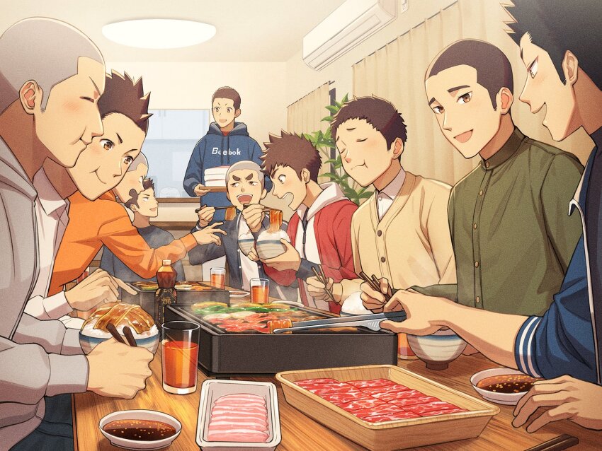6+boys air_conditioner beef black_hair blue_hoodie blue_jacket blue_sweater bowl brown_eyes brown_hair buzz_cut chewing chopsticks closed_mouth collared_shirt cooking cup drawstring eating food green_shirt grill grilling highres holding holding_bowl holding_chopsticks holding_tongs hood hood_down hoodie indoors jacket looking_at_another male_focus meat multiple_boys open_mouth orange_sweater original plant plate raw_meat red_jacket rice rice_bowl sauce shaved_head shirt short_hair sitting slice_of_life sliced_meat soy_sauce spiked_hair standing sweater sweater_jacket table tettabuzz tongs v-shaped_eyebrows very_short_hair white_shirt yakiniku zipper_pull_tab