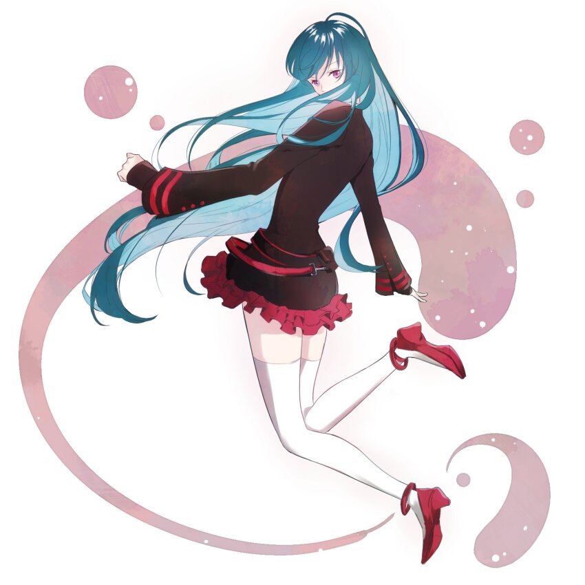 1girl anklet aqua_hair belt black_order_uniform blue_hair brown_coat brown_gloves coat d.gray-man fingerless_gloves floating floating_hair flying gloves high_heels highres jewelry legs lenalee_lee long_hair looking_at_viewer looking_back military military_uniform miniskirt pink_background pleated_skirt purple_eyes red_shoes red_skirt rulne shoes sidelocks skirt solo striped_coat swirl thighhighs thighs two-tone_background white_background white_thighhighs