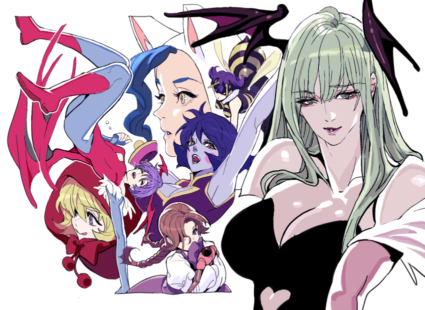 6+girls animal_ears arthropod_girl b.b._hood bee_girl black_leotard blonde_hair blue_hair breasts cat_ears cat_girl cleavage darkstalkers felicia_(darkstalkers) green_hair head_wings highres hsien-ko insect_girl leotard lilith_(darkstalkers) morrigan_aensland multiple_girls nobita_(makoto7060355) q-bee smile strapless strapless_leotard tagme wings