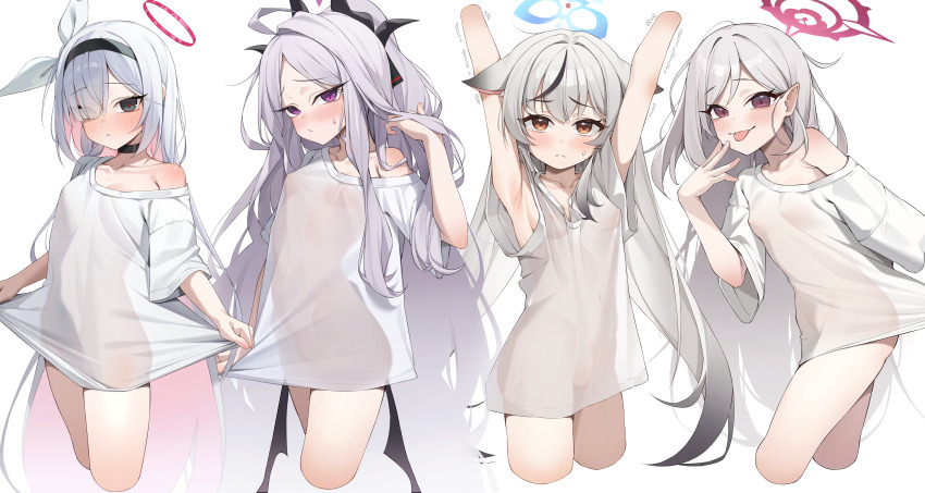 4girls :p absurdly_long_hair absurdres alternate_costume animal_ears armpit_crease armpits arms_behind_head arms_up black_choker black_eyes black_hairband black_wings blue_archive blue_halo blush bottomless breasts brown_eyes choker closed_mouth clothes_lift collarbone commentary covered_erect_nipples cowboy_shot cropped_arms cropped_legs crying crying_with_eyes_open dot_nose embarrassed eyes_visible_through_hair frown hair_behind_ear hair_between_eyes hair_down hair_over_one_eye hair_over_shoulder hair_ribbon hairband halo hand_up highres hina_(blue_archive) huge_filesize kokona_(blue_archive) lifting_own_clothes loli long_hair long_sidelocks looking_at_viewer low_wings multicolored_hair multiple_girls mutsuki_(blue_archive) naked_shirt pink_eyes pink_halo plana_(blue_archive) pointy_ears pulling_own_clothes red_halo red_pupils ribbon see-through_clothes see-through_shirt shirt shirt_lift short_sleeves sidelocks simple_background single_bare_shoulder small_breasts smile split_mouth standing streaked_hair sweatdrop symbol-only_commentary t-shirt tears three-quarter_sleeves tongue tongue_out trembling um_111 very_long_hair very_long_sidelocks white_background white_hair white_ribbon white_shirt wings