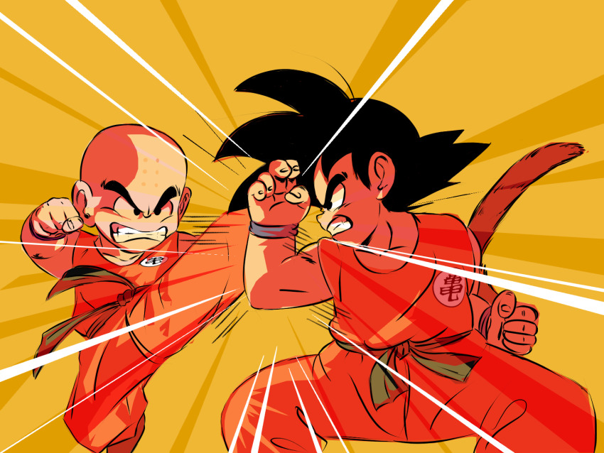 2boys bald black_eyes black_hair blocking dragon_ball dragon_ball_(classic) fighting highres kicking kuririn martial_arts multiple_boys serious son_goku tail world_martial_arts_tournament
