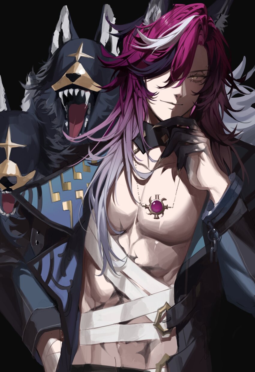 1boy absurdres animal_ear_fluff animal_ears bandaged_chest bandages black_background black_coat black_hair cerberus claws coat colored_extremities doppio_dropscythe doppio_dropscythe_(2nd_costume) fangs gradient_hair grey_hair hair_over_one_eye hand_in_pocket hand_on_own_chin hand_on_own_face highres jewelry long_hair long_sleeves looking_at_viewer male_focus multicolored_hair necklace nijisanji nijisanji_en no_eyes pectorals purple_hair simple_background smile solo virtual_youtuber vt_tai wolf_boy wolf_ears yellow_eyes