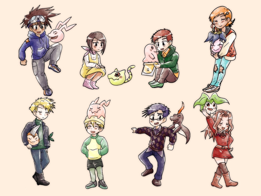 3girls 5boys antennae cat digimon digimon_(creature) glasses highres ishida_yamato izumi_koshiro kido_jo koromon leaf mochimon multiple_boys multiple_girls nyaromon pukamon pyocomon tachikawa_mimi tail takaishi_takeru takenouchi_sora tanemon tokomon tunomon yagami_hikari yagami_taichi