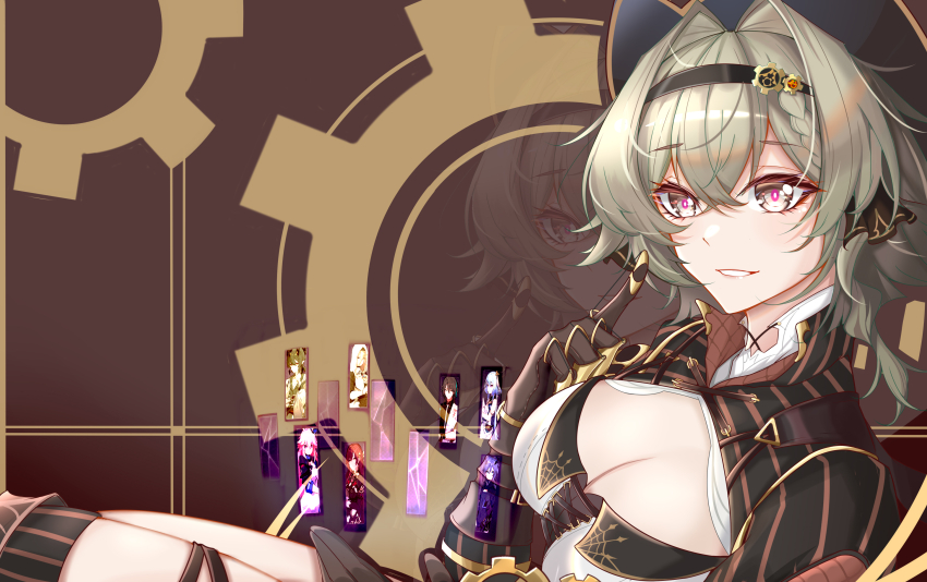 1girl absurdres aponia black_hairband breasts brown_eyes brown_gloves brown_hair brown_shrug chinese_commentary cleavage commentary_request eden_(honkai_impact) fu_hua gear_hair_ornament gloves griseo hair_between_eyes hair_intakes hair_ornament hairband highres honkai_(series) honkai_impact_3rd kosma large_breasts looking_at_viewer red_pupils short_hair sitting solo su_(honkai_impact) thighs vill-v wu_hai yae_sakura yae_sakura_(goushinnso_memento)
