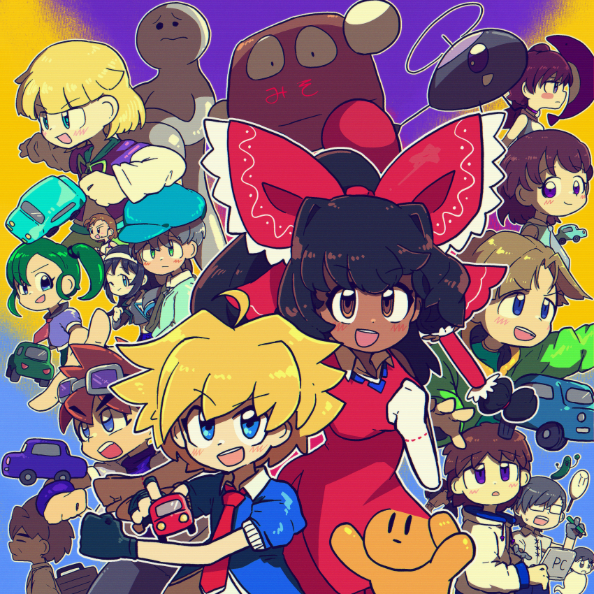 6+boys 6+girls absurdres agucala_(cookie) ahoge black_gloves black_hair blonde_hair blue_eyes blue_hat bow brown_eyes brown_hair cabbie_hat character_request collared_shirt commentary_request computer cookie_(touhou) dark-skinned_female dark_skin dog elbow_gloves fingerless_gloves fish frilled_bow frilled_hair_tubes frills glasses gloves goggles goggles_on_head green_eyes green_hair grey_gloves grey_hair hair_bow hair_tubes hakurei_reimu hat highres hood hood_down hoodie laptop long_hair looking_at_viewer michael_(cookie) muimui_(4242564muimui) multiple_boys multiple_girls opaque_glasses open_mouth purple_eyes red_bow red_shirt red_skirt ribbon-trimmed_gloves ribbon_trim shirt short_hair sidelocks skirt skirt_set sleeveless sleeveless_shirt smile touhou toy_car upper_body white_gloves white_hoodie white_shirt