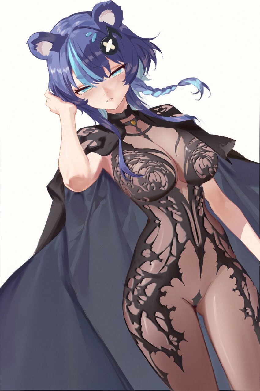 1girl adjusting_hair animal_ears aqua_eyes bear_ears bear_girl blue_hair blush braid chronopattern_dress commentary english_commentary fortissimo fujikura_uruka hair_ornament highres looking_at_viewer meme_attire multicolored_hair musical_note musical_note_hair_ornament parted_lips phase_connect solo standing streaked_hair sunsetskyline third-party_source virtual_youtuber