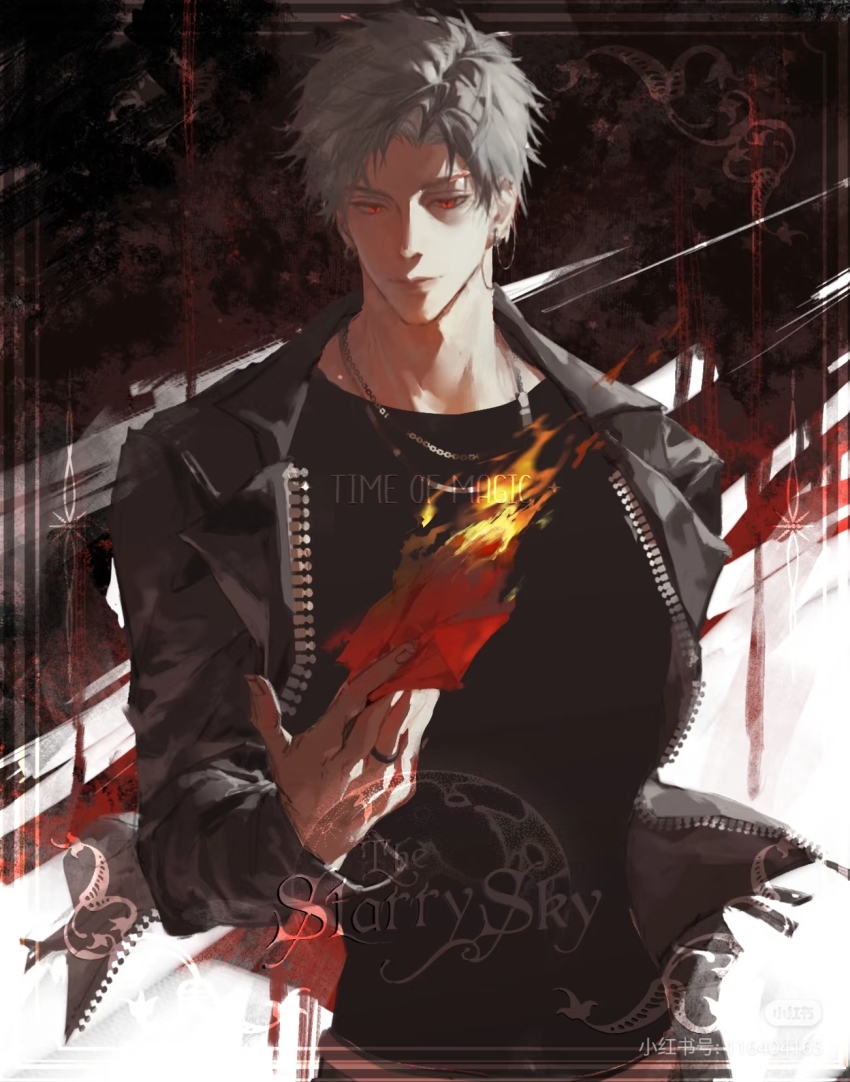 1boy black_jacket black_shirt chain chain_necklace closed_mouth ear_piercing earrings english_text fire grey_hair gulu_(youmiaoyoudianer) highres jacket jewelry leather leather_jacket looking_at_object love_and_deepspace male_focus necklace nose parted_bangs piercing red_eyes ring shirt short_hair slit_pupils solo sylus_(love_and_deepspace) upper_body