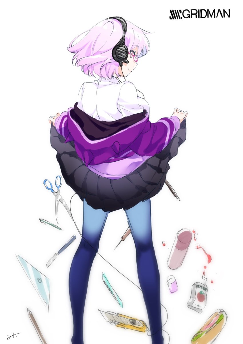 1girl bakemonogatari black_skirt boxcutter chisel clothes_lift copyright_name drink female_focus food from_behind gridman_universe headphones highres hood hooded_jacket jacket juice juice_box lifting_own_clothes light_purple_hair looking_back mitsuhashitaeko monogatari_(series) off_shoulder pantyhose parody pencil pencil_case purple_jacket ruler sandwich school_uniform scissors semi-rimless_eyewear senjougahara_pose shinjou_akane shirt short_hair skirt skirt_lift smile solo ssss.gridman tomato_juice under-rim_eyewear white_shirt