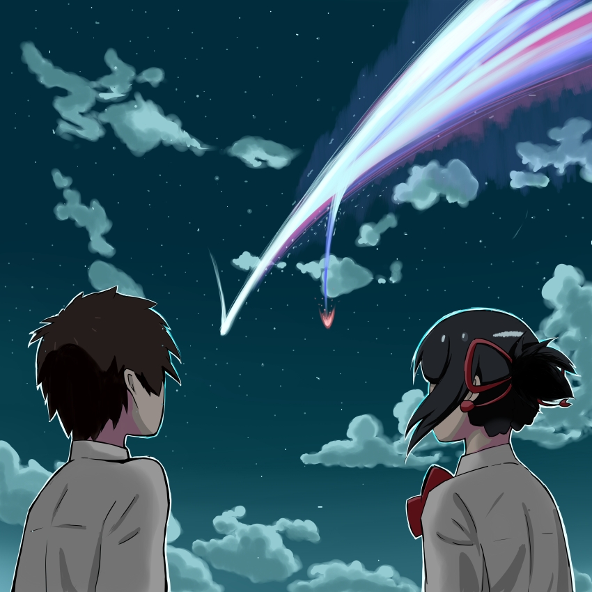 1boy 1girl absurdres border bow brown_hair cloud collared_shirt comet commentary_request facing_away highres kimi_no_na_wa. long_sleeves miyamizu_mitsuha night night_sky red_bow red_ribbon ribbon shirt short_hair sky star_(sky) starry_sky suihou_(hi_sui_hou) tachibana_taki white_border white_shirt