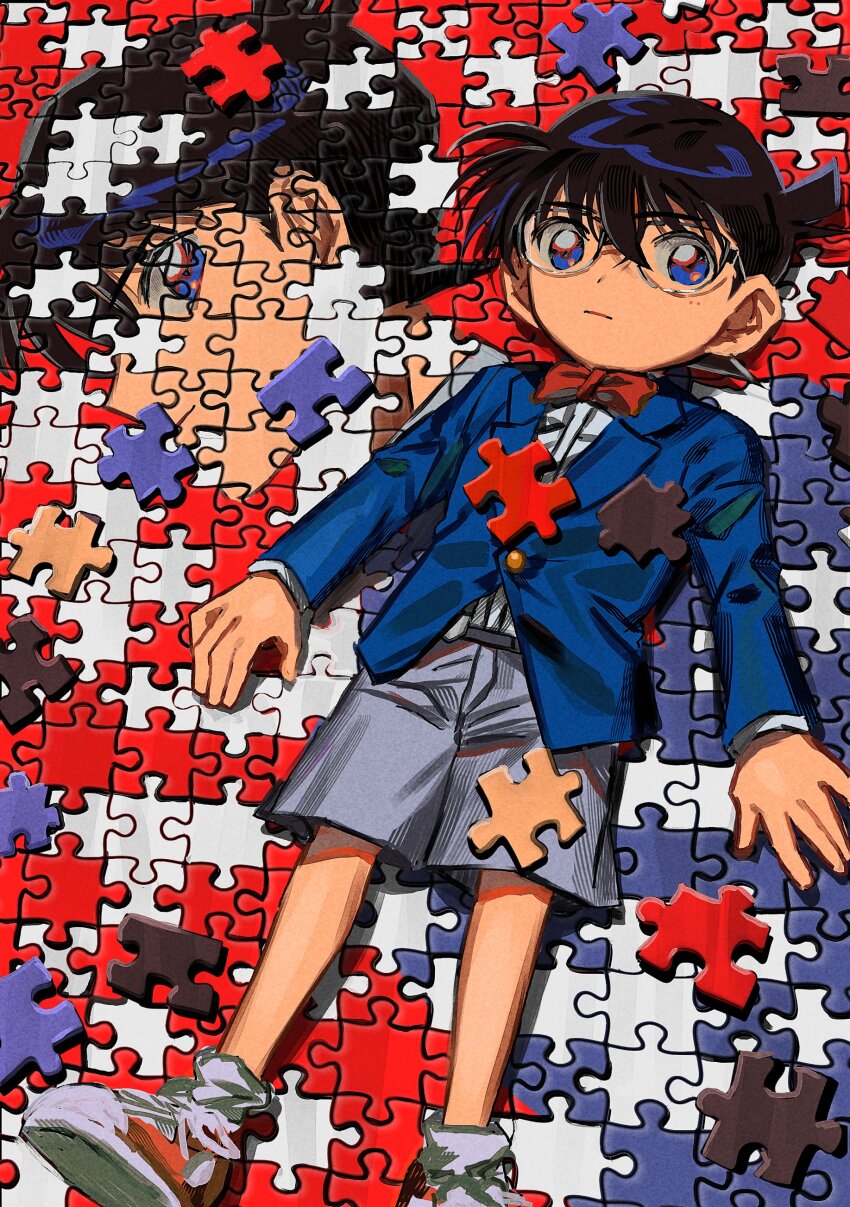 1boy absurdres black_hair blue_eyes blue_jacket bow bowtie closed_mouth edogawa_conan glasses grey_shorts highres jacket jigsaw_puzzle kudou_shin&#039;ichi lapels looking_at_viewer lying male_focus meitantei_conan notched_lapels on_back puzzle puzzle_piece red_bow red_bowtie segami shirt_tucked_in short_hair shorts solo