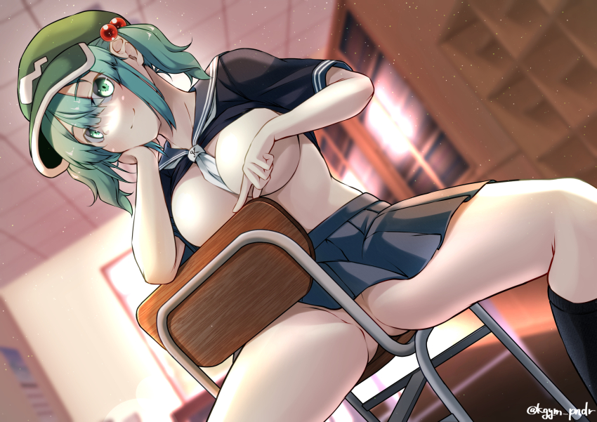 1girl alternate_costume between_breasts black_serafuku black_socks blue_eyes blue_hair blue_skirt blush breasts breasts_out chair chair_censor closed_mouth clothes_lift convenient_arm convenient_censoring dutch_angle feet_out_of_frame flat_cap green_hat hair_bobbles hair_ornament hat highres indoors kagiyama_shachou kawashiro_nitori large_breasts looking_at_viewer medium_hair miniskirt neckerchief neckerchief_between_breasts no_bra no_panties pleated_skirt school_uniform serafuku shirt_lift sidelocks sitting skirt smile socks solo touhou two_side_up white_neckerchief