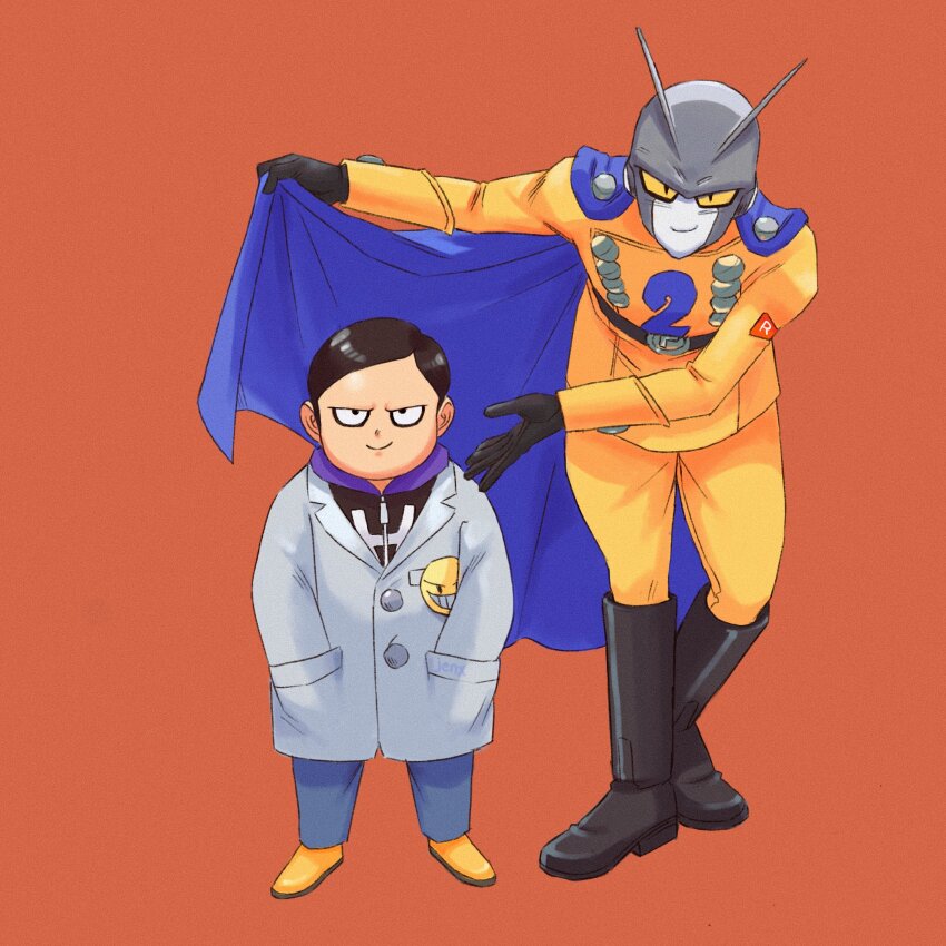 2boys black_eyes black_gloves black_hair blue_cape boots bowing cape commentary dr._hedo dragon_ball dragon_ball_super dragon_ball_super_super_hero english_commentary gamma_2 genniax gloves hands_in_pockets height_difference highres hood hoodie jacket knee_boots lab_coat male_focus multiple_boys pants smile yellow_jacket yellow_pants