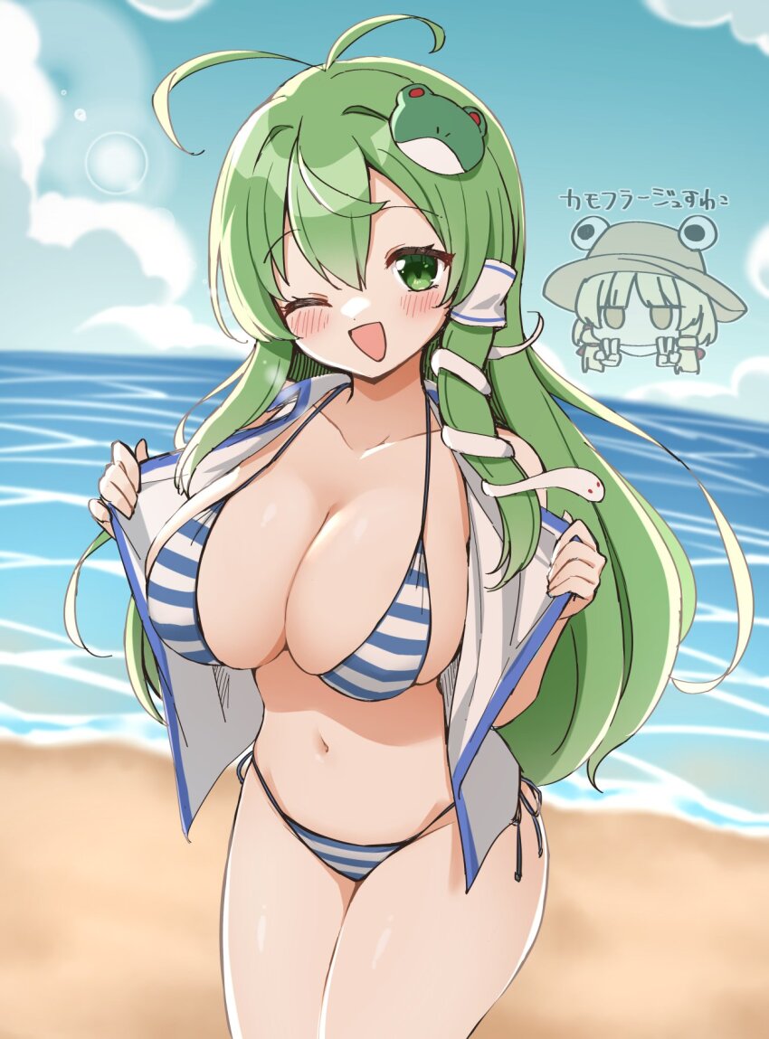 2girls ;d antenna_hair beach bikini blue_bikini breasts cleavage cloud collarbone cowboy_shot day frog_hair_ornament green_eyes green_hair hair_between_eyes hair_ornament hair_tubes highres kochiya_sanae large_breasts long_hair looking_at_viewer moriya_suwako multiple_girls navel ocean one_eye_closed open_clothes open_mouth open_shirt outdoors sand shirt side-tie_bikini_bottom single_hair_tube sleeveless sleeveless_shirt smile snake_hair_ornament striped_bikini striped_clothes suwa_yasai swimsuit te_ru_ya touhou vertical-striped_bikini vertical-striped_clothes water white_shirt