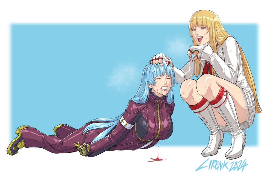 2024 2girls absurdres aqua_hair artist_name blonde_hair blood blood_from_mouth blood_on_face blunt_bangs blunt_ends boots cirenk clenched_teeth closed_eyes commentary commission crossover blood_drip emilie_de_rochefort english_commentary fingerless_gloves full_body gloves grabbing_another&#039;s_hair high_heel_boots high_heel_sneakers high_heels highres kula_diamond long_hair lying multicolored_footwear multiple_girls on_stomach open_mouth squatting teeth tekken the_king_of_fighters thighs upper_teeth_only white_footwear