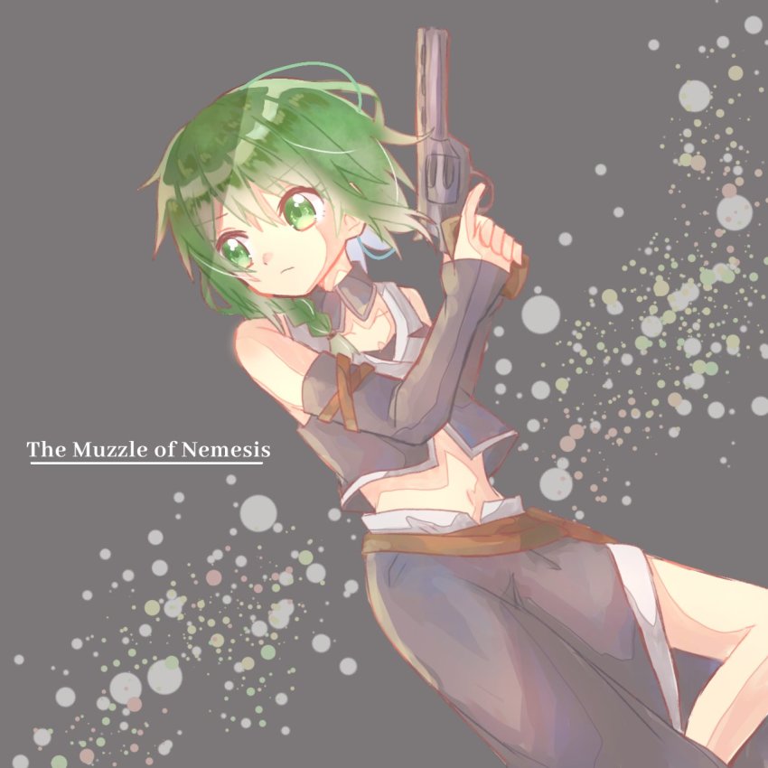 1girl aquamarinu bare_shoulders braid breasts clothing_cutout collarbone crop_top detached_collar detached_sleeves dutch_angle evillious_nendaiki green_eyes green_hair grey_background grey_shirt grey_skirt grey_sleeves gumi gun handgun highres holding holding_weapon holster leg_cutout long_skirt midriff navel nemesis_no_juukou_(vocaloid) nemesis_sudou revolver shirt side_braid side_cutout sidelocks skirt sleeveless sleeveless_shirt small_breasts solo song_name vocaloid wavy_hair weapon