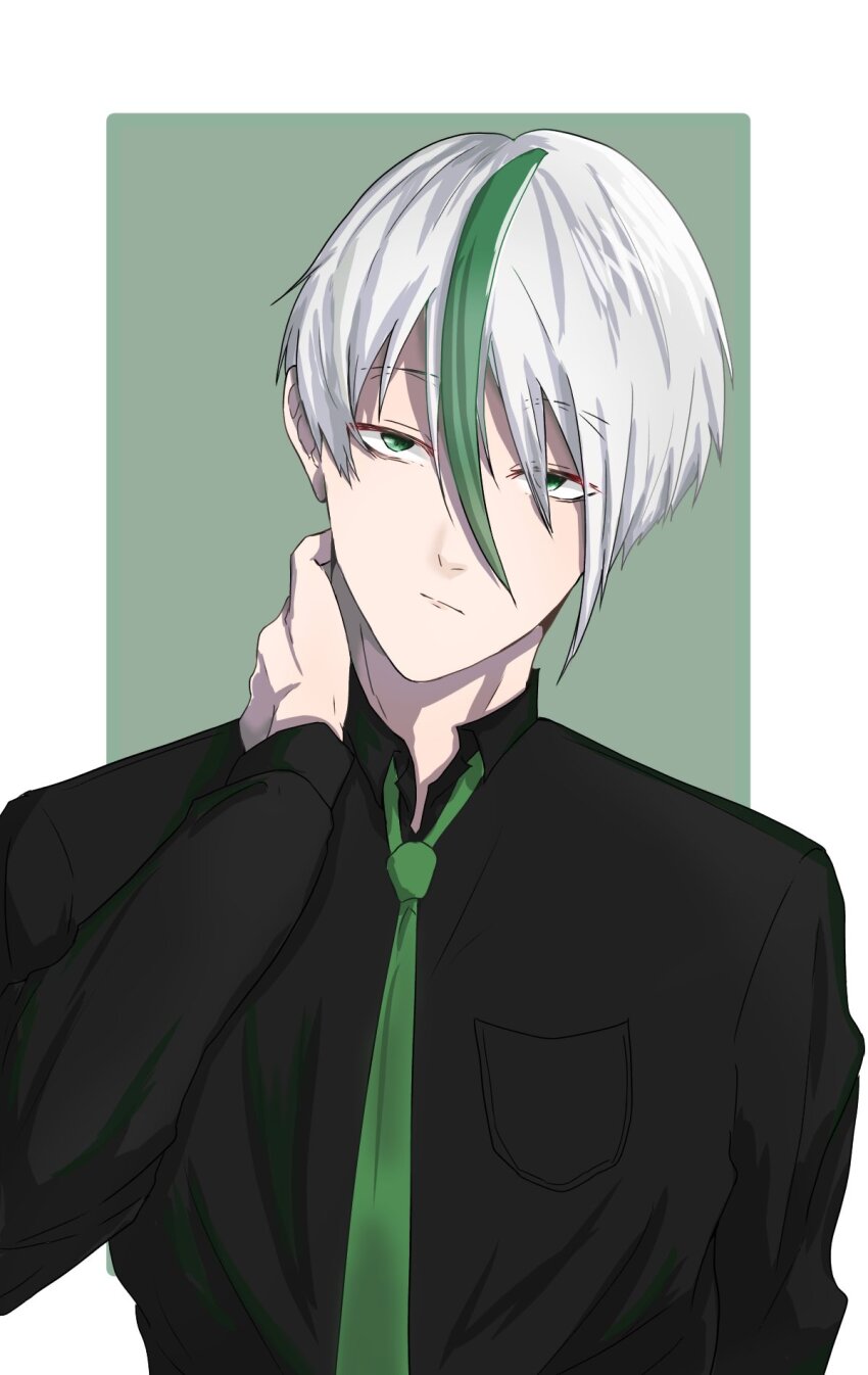 1boy arm_up black_shirt blue_lock character_name closed_mouth green_background green_eyes green_hair highres long_hair looking_at_viewer multicolored_hair otoya_eita rxdry serious shirt simple_background tagme two-tone_hair white_background white_hair