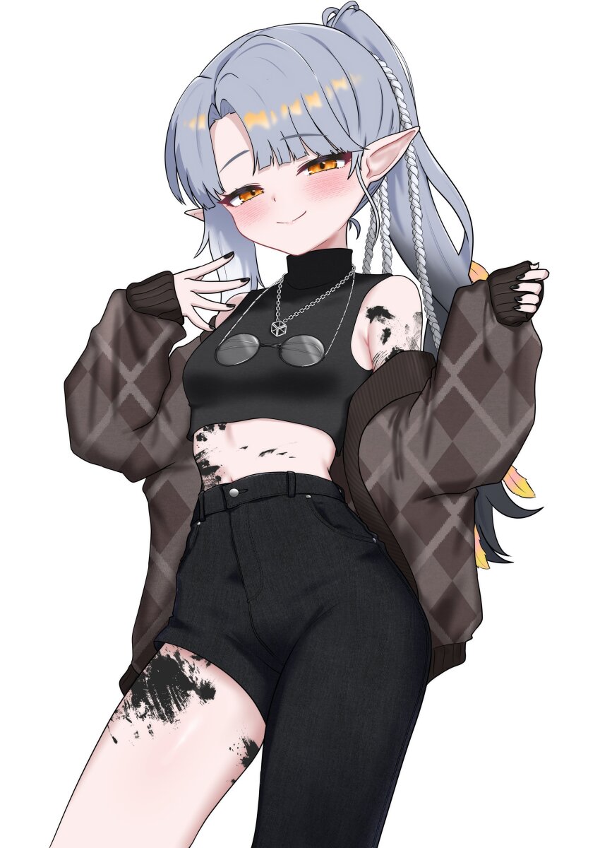 1girl absurdres asymmetrical_clothes bare_shoulders black_pants black_shirt breasts brown_jacket closed_mouth contrapposto cowboy_shot crop_top gradient_hair grey_hair highres jacket jewelry long_hair long_sleeves looking_at_viewer midriff multicolored_hair navel_peek necklace off_shoulder oldsickkim open_clothes open_jacket orange_eyes original pants parted_bangs pointy_ears ponytail shirt simple_background single_pantsleg sleeveless sleeveless_shirt small_breasts smile solo white_background
