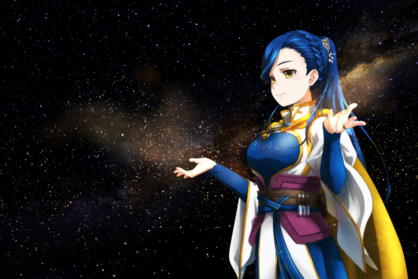 1girl aged_up arms_up asymmetrical_bangs beaker_holster blue_hair braid breasts cape collared_dress crown_braid dress genya_(genya67) gold_cape hair_ornament highres honzuki_no_gekokujou jewelry long_hair long_sleeves medium_breasts myne_(honzuki_no_gekokujou) nebula ponytail ring sky sleeves_past_wrists smile solo star_(sky) starry_sky test_tube yellow_eyes