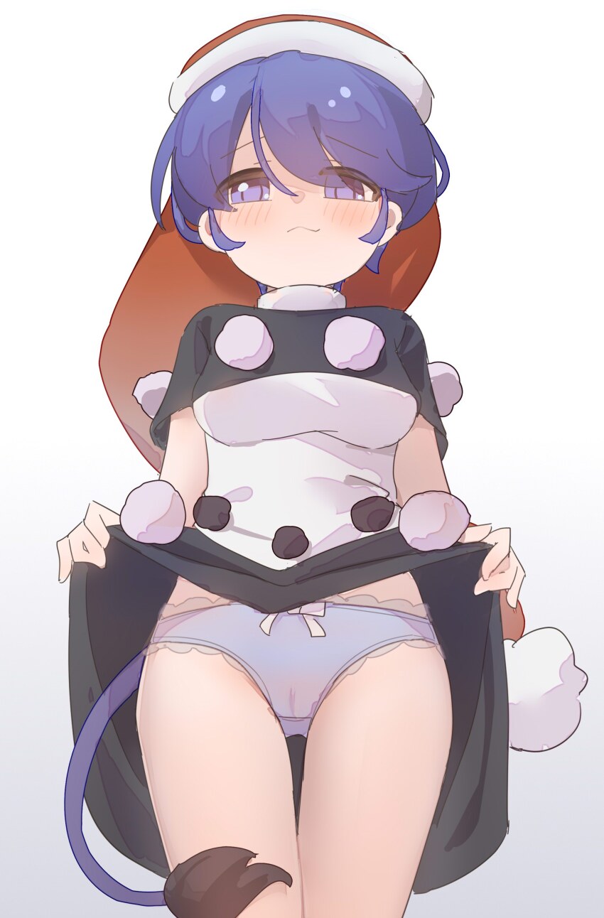 1girl absurdres black_dress blue_eyes blue_hair blue_panties blush bow bow_panties breasts cameltoe closed_mouth clothes_lift doremy_sweet dress dress_lift frilled_panties frills gumingdi_ban hat highres looking_at_viewer medium_breasts multicolored_dress nightcap panties pom_pom_(clothes) red_hat short_hair short_sleeves simple_background solo tail touhou two-tone_dress underwear white_background white_bow white_dress