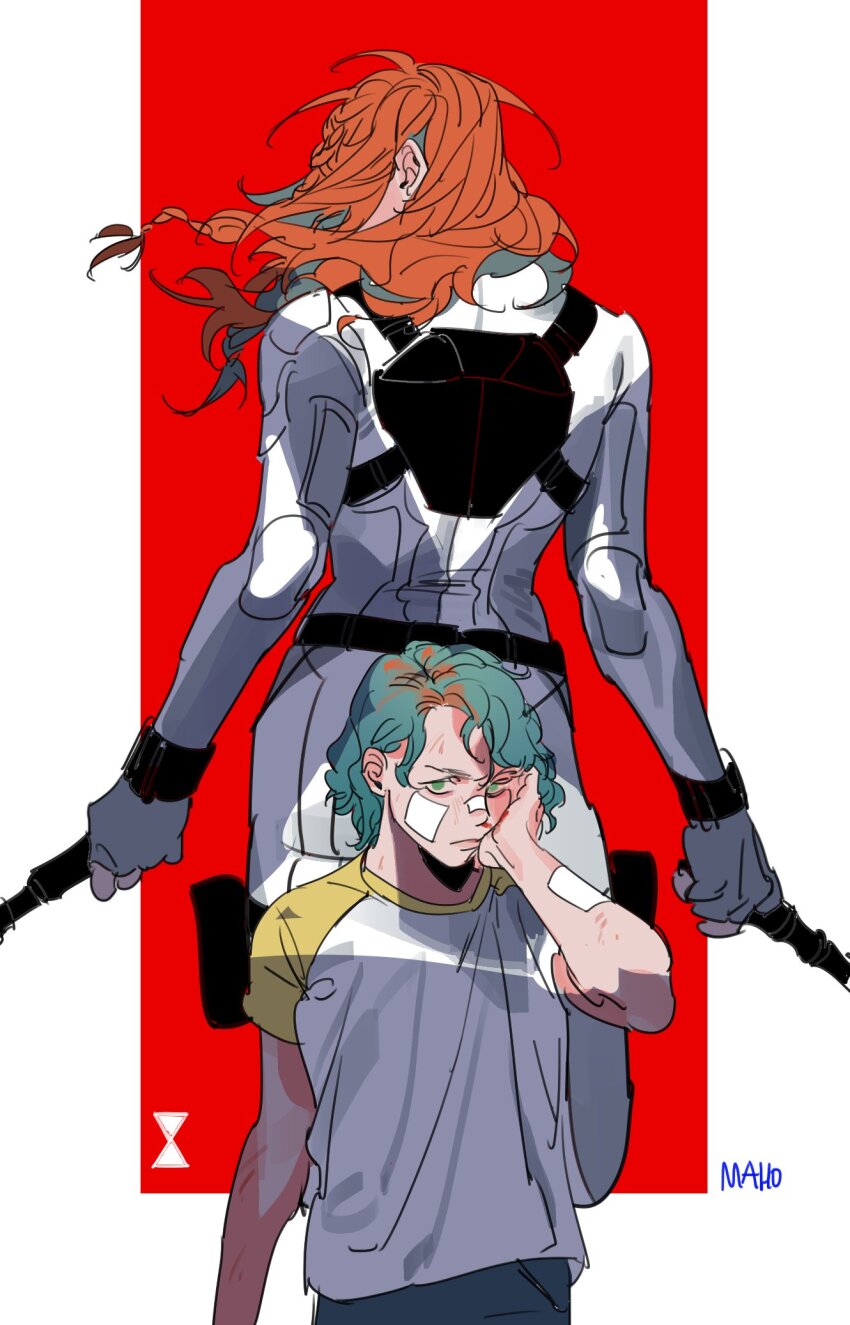 2girls artist_name back back-to-back bandaid bandaid_on_cheek bandaid_on_face bandaid_on_nose belt black_belt black_widow black_widow_(movie) blue_eyes blue_hair bodysuit border child closed_mouth commentary_request cowboy_shot dual_persona floating_hair hand_on_own_face hand_up highres holding holding_weapon karmaho korean_commentary long_hair looking_at_viewer marvel marvel_cinematic_universe multiple_girls natasha_romanoff outside_border red_background red_hair shirt short_hair short_sleeves simple_background standing superhero_costume t-shirt wavy_hair weapon white_bodysuit white_border white_shirt wristband