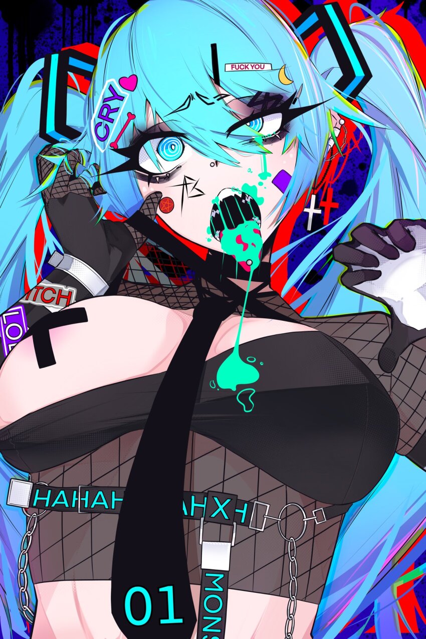 1girl ace_glitch aqua_eyes aqua_hair arm_up black_gloves black_necktie chain commentary cross cross_earrings ear_piercing earrings elbow_gloves english_commentary english_text eye_piercing face_piercing facial_mark facial_tattoo fingerless_gloves fishnet_gloves fishnets gloves hair_ornament hand_in_own_hair hatsune_miku highres jewelry long_hair looking_at_viewer necktie nose_piercing open_mouth piercing ringed_eyes saliva sharp_teeth simple_background solo tattoo teeth tongue tongue_out tongue_piercing twintails upper_body vocaloid yandere