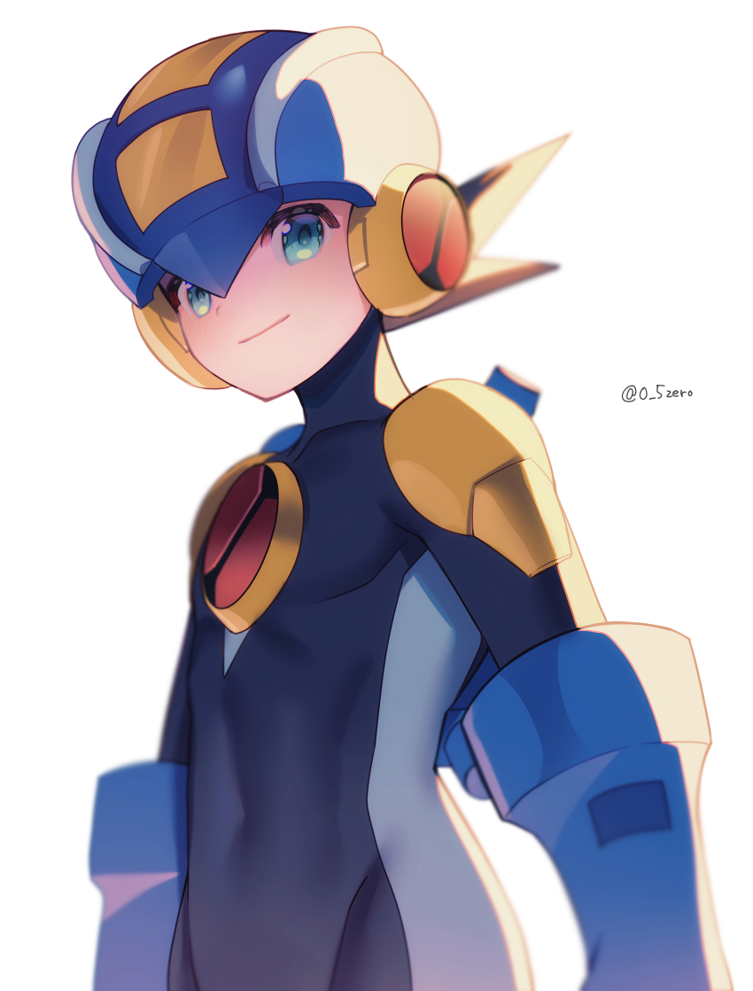 1boy absurdres blue_bodysuit blue_headwear blue_helmet blurry bodysuit brown_hair closed_mouth commentary covered_navel cowboy_shot depth_of_field green_eyes helmet highres looking_at_viewer male_focus mega_man_(series) mega_man_battle_network_(series) megaman.exe short_hair simple_background smile solo spiked_hair standing twitter_username white_background zero-go