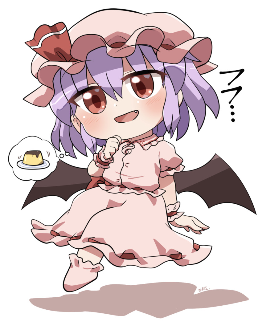 :d blush chibi chibi_only collared_shirt commentary_request fang food frilled_shirt_collar frills full_body hair_between_eyes hand_up hat hat_ribbon highres looking_at_viewer mob_cap open_mouth pink_hat pink_shirt pink_shoes pink_skirt pudding purple_hair red_eyes red_ribbon remilia_scarlet ribbon ribbon-trimmed_skirt ribbon_trim rokugou_daisuke shirt shoes short_hair short_sleeves signature simple_background skirt skirt_set smile solo speech_bubble spoken_food thought_bubble touhou white_background wrist_cuffs