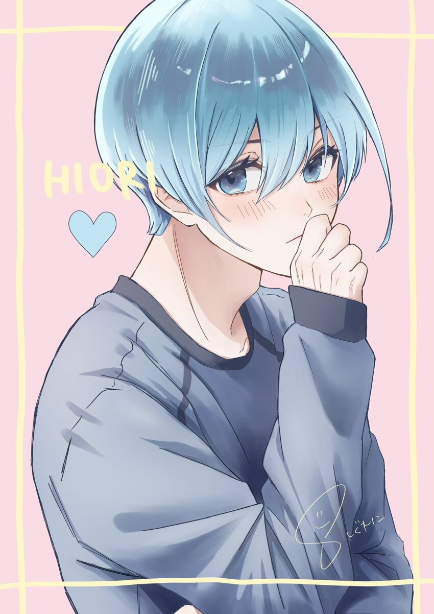 1boy blue_eyes blue_hair blue_lock blue_shirt character_name closed_mouth hand_up highres long_sleeves looking_at_viewer male_focus pink_background shirt short_hair sleeves_past_wrists solo upper_body user_cdug5424 you_hiori