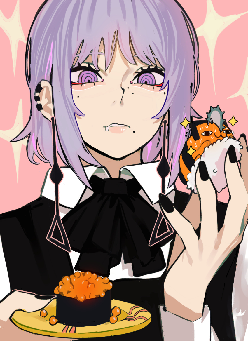 1girl black_nails chainsaw chainsaw_man demon_girl dog ear_piercing earrings fami_(chainsaw_man) food highres jewelry multiple_moles nervous_sweating piercing pochita_(chainsaw_man) purple_eyes purple_hair ringed_eyes sailen0 saliva short_hair sparkle sushi sweat