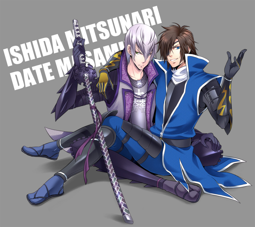 2boys arm_around_shoulder blue_eyes brown_hair character_name date_masamune_(sengoku_basara) eyepatch frown green_eyes grey_background grin hair_between_eyes hair_over_one_eye highres holding holding_sword holding_weapon indian_style ishida_mitsunari_(sengoku_basara) jinbaori katana male_focus multiple_boys no_headwear scabbard sengoku_basara sheath sheathed short_hair simple_background sitting sitting_on_lap sitting_on_person smile sword warabi_(waradoko) weapon white_hair