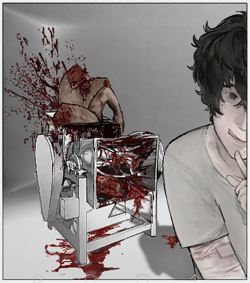 1boy 1other 2boys bandaged_arm bandages black_hair blood blood_drip blood_splatter castration corpse guro highres injury intestines meat_grinder multiple_boys multiple_moles organs pale_skin pubic_hair self-harm severed_limb severed_torso shirt smile tan tongue tongue_out white_background white_shirt