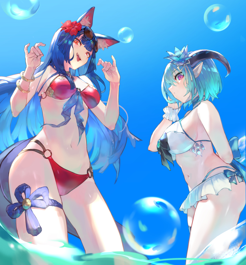 2girls absurdres animal_ears armpits bikini black_hair blue_bow blue_flower blue_hair blunt_bangs blush bow bow_bikini bracelet breasts closed_mouth collar curvy dragon_girl dragon_horns dragon_tail eyewear_on_head fang flower fox_ears fox_girl fox_tail from_below hair_between_eyes hair_flower hair_ornament hair_ribbon highres horns jewelry large_breasts long_hair looking_at_viewer medium_breasts multiple_girls navel ocean open_mouth orr_(kkkkbbbbc) outdoors pointy_ears purple_eyes red_bikini red_eyes red_flower ribbon shadowverse shadowverse_evolve short_hair sideboob sideways_glance sky standing summer swimsuit tail tail_bow tail_ornament teeth thigh_strap tongue tongue_out upper_teeth_only white_bikini white_ribbon